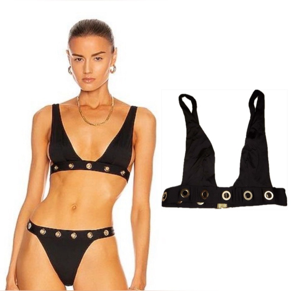 Monica Hansen Material Girl Black Halter Bikini Top Gold Hardware NWT XS L